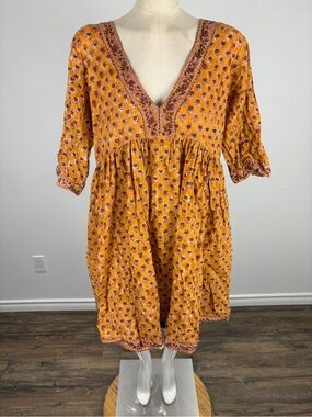 The Fox and The Mermaid Cotton Boho Block Print Mustard Orange Mini Dress L